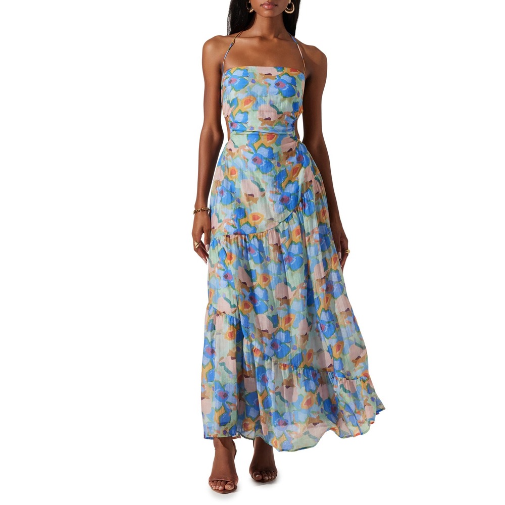 ASTR The Label Miaka Maxi Dress Womens L Abstract Floral Open Back Tiered Lined
